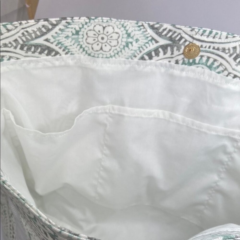 White and Turquoise Mandela Pattern Fabric Tote Bag Stylish Patterned Tote Bag - Picture 6 of 7
